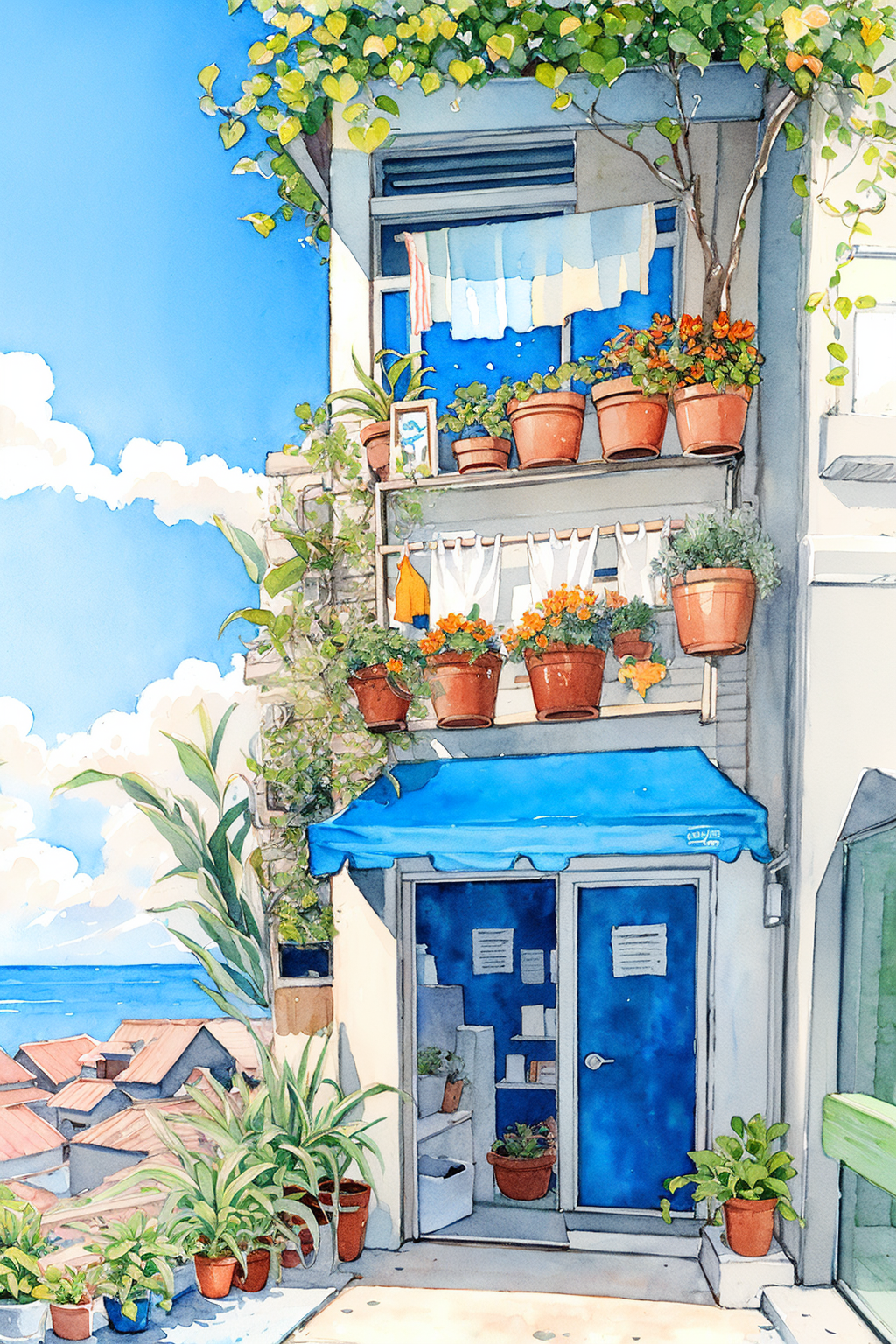 03835-3578692817-clothesline, laundry, no humans, window, plant, potted plant, watercolor (medium), scenery, door, air conditioner, painting (med.png